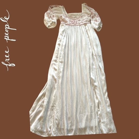 FREE PEOPLE Wedgewood Embroidered Scoop Neck 3/4 Puff Sleeve Maxi Dress/SM NWT - Picture 12 of 16